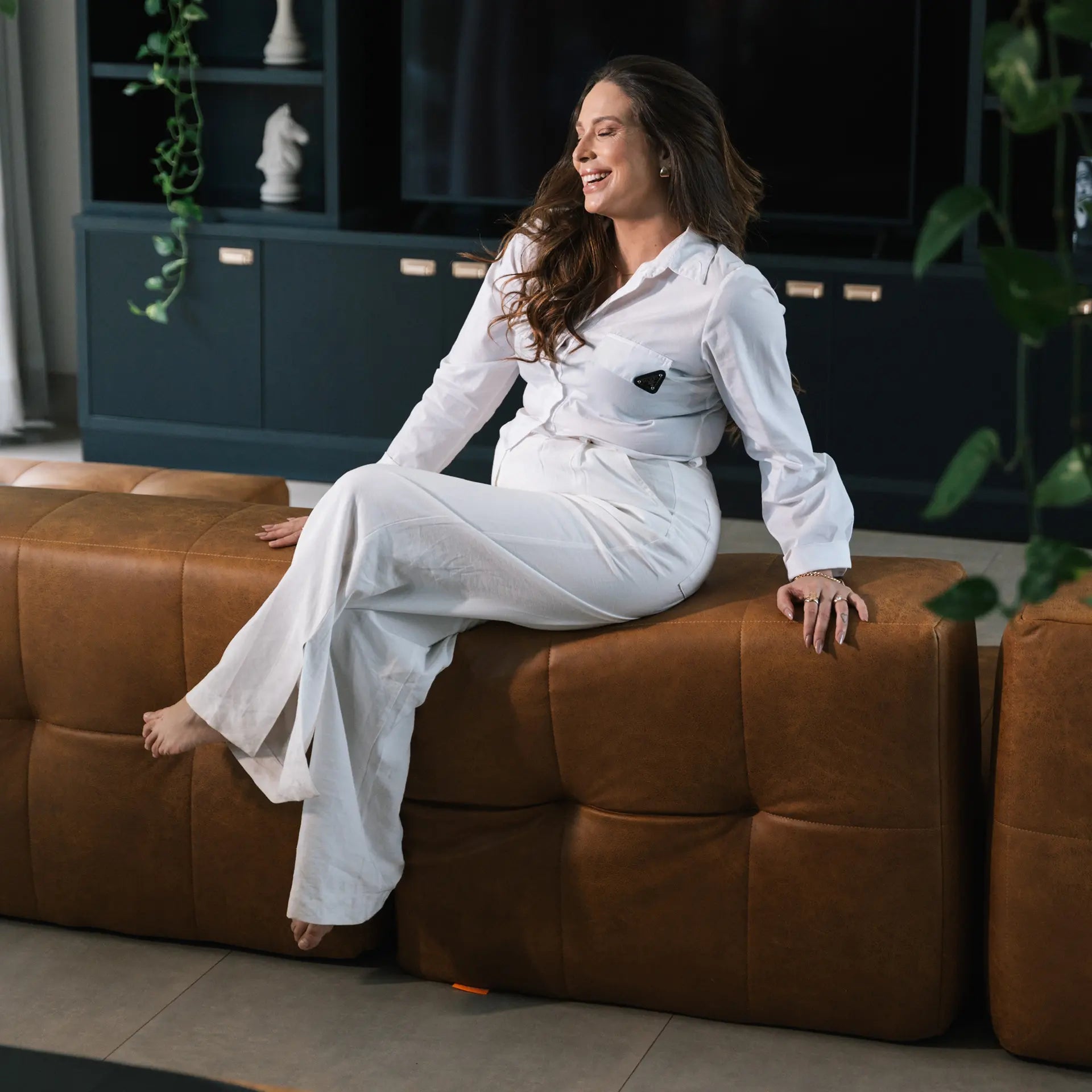 Sofá na Caixa modular 2 lugares Poli-Couro Marrom - 1 Braço com com Apoio