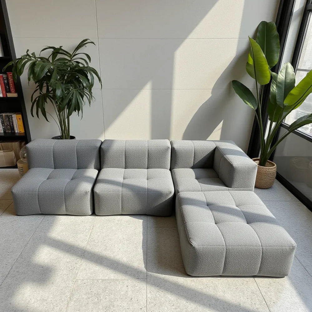 Sofá na Caixa modular 2-lugares em Bouclé 1 braço com Chaise - Cinza