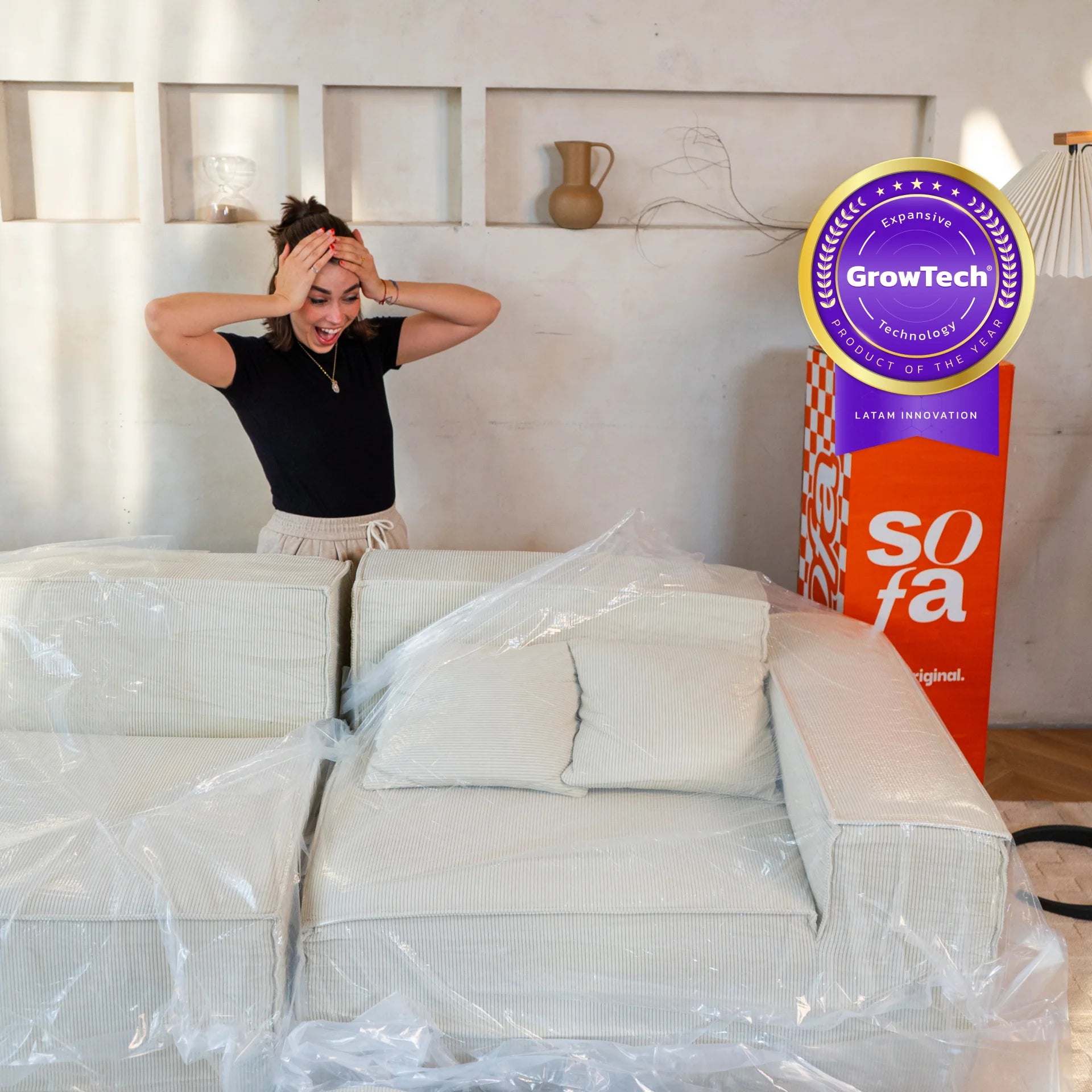 Sofá na Caixa Pelion 3 lugares + 1 chaises em Boucle - Linho