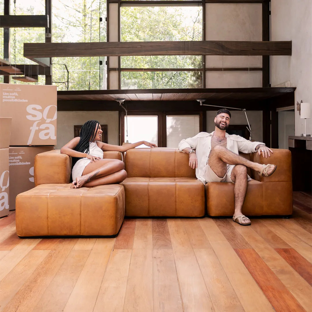 Sofá na Caixa modular 2 lugares Poli-Couro Marrom - 1 Braço com com Apoio