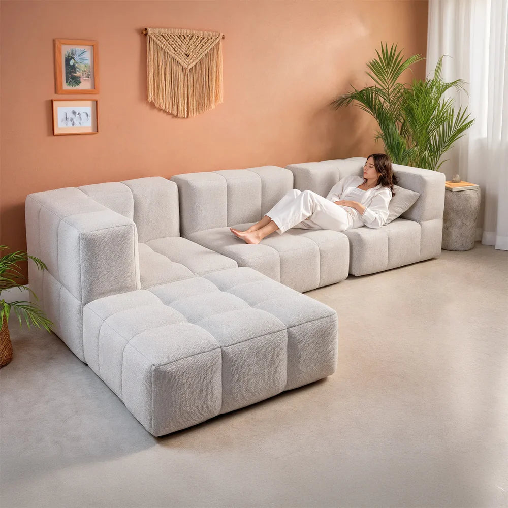 Sofá na Caixa modular 2-lugares em Bouclé 1 braço com Chaise - Linho