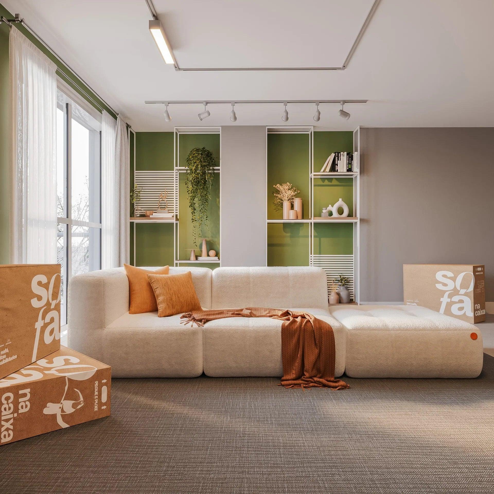 Sofá na Caixa modular 2-lugares em Bouclé 1 braço com Chaise - Linho