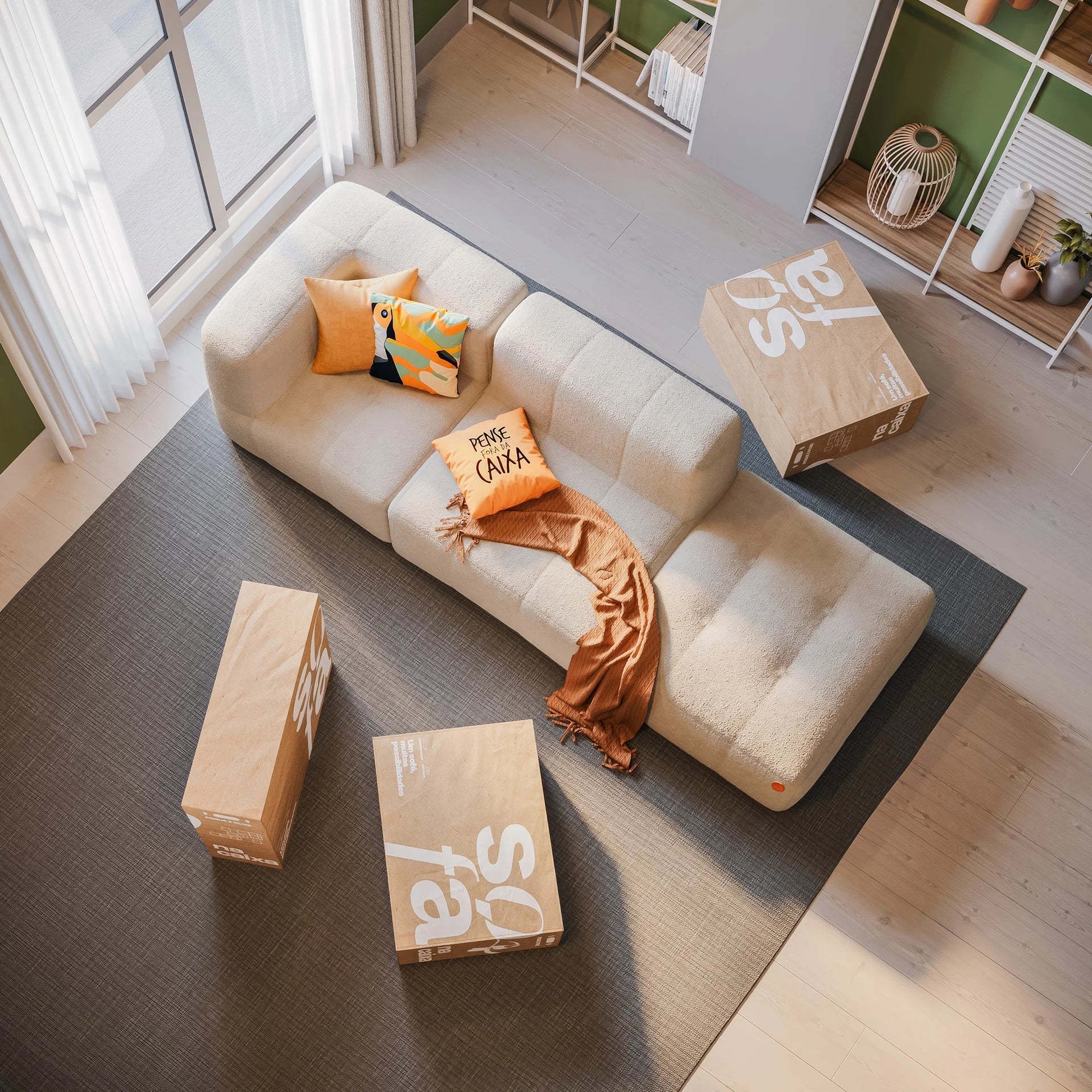 Sofá na Caixa modular 2-lugares em Bouclé 1 braço com Chaise - Linho