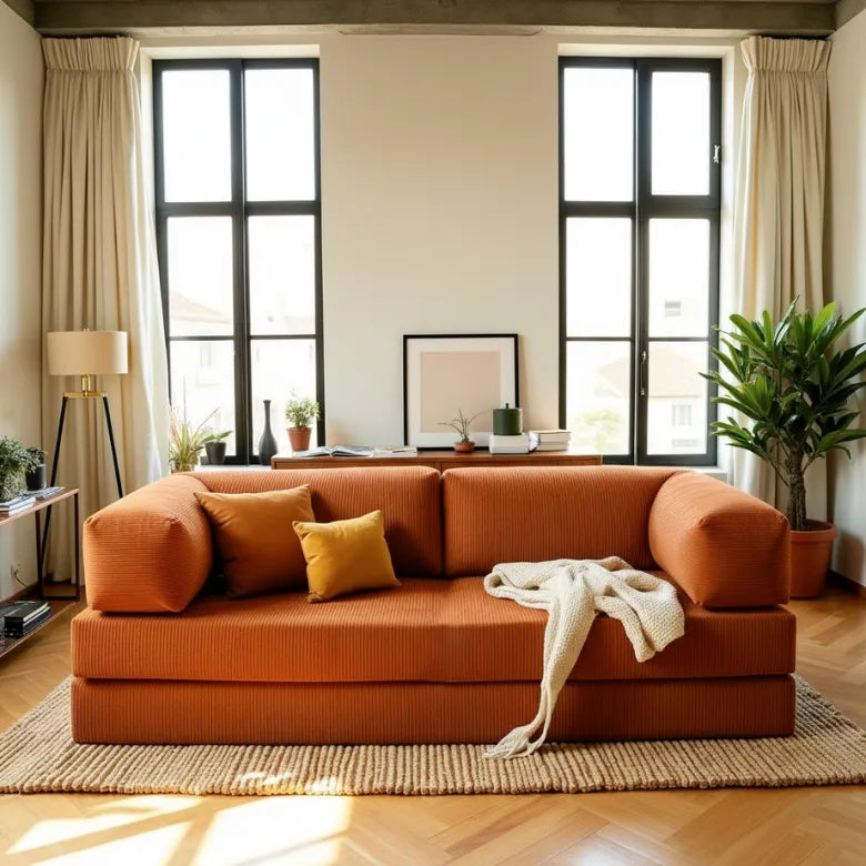 Sofá Cama Bloom Tecido Cotelê Terracota - Sofá na Caixa