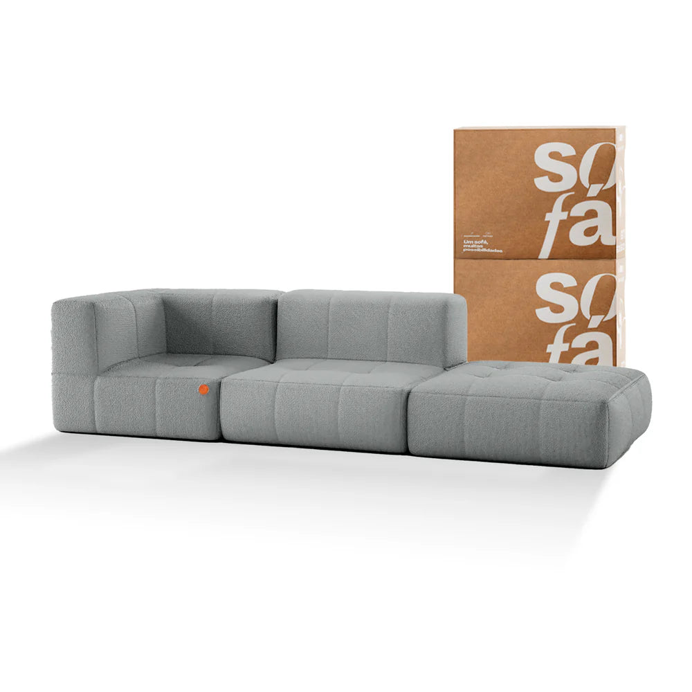 Sofá na Caixa modular 2-lugares em Bouclé 1 braço com Chaise - Cinza