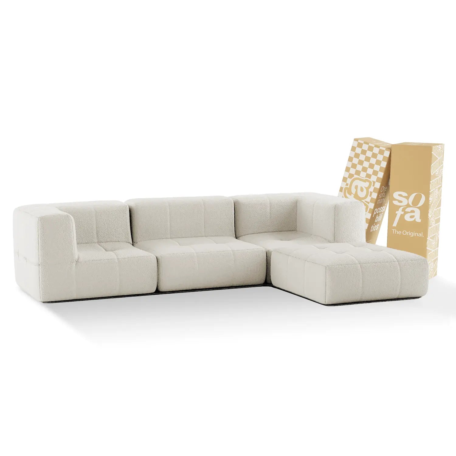 Sofá na Caixa modular 3-lugares em Bouclé 2 braço com Chaise - Linho