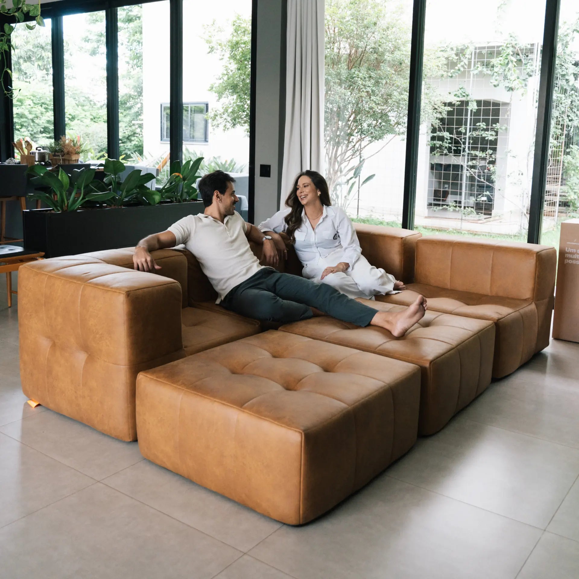Sofá na Caixa modular 3 lugares Bouclé Terracota - Sem Braço com Chaise