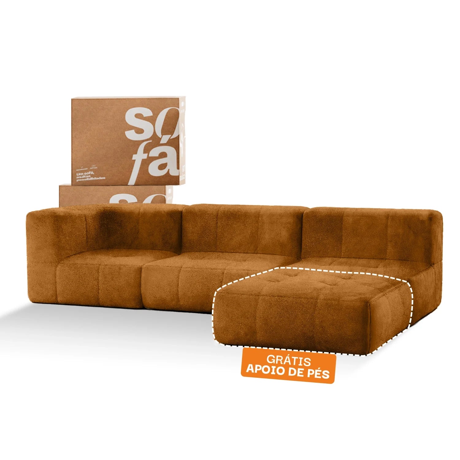 Sofá na Caixa modular 3 lugares Bouclé Terracota - Sem Braço com Chaise