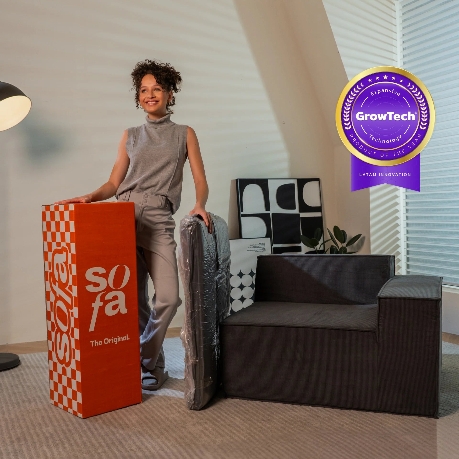 Sofá na Caixa Pelion 3 lugares + 1 chaises em Boucle - Cinza