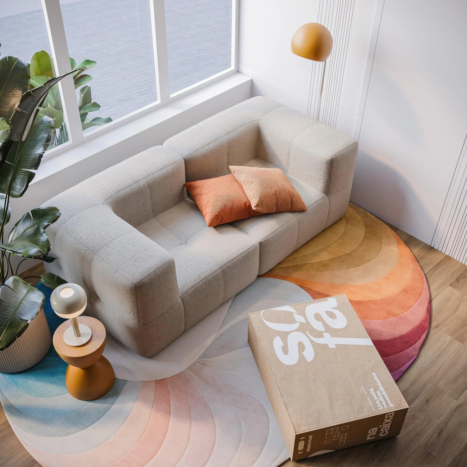 Sofá na Caixa modular 2 lugares 2 braços em Boucle - Linho