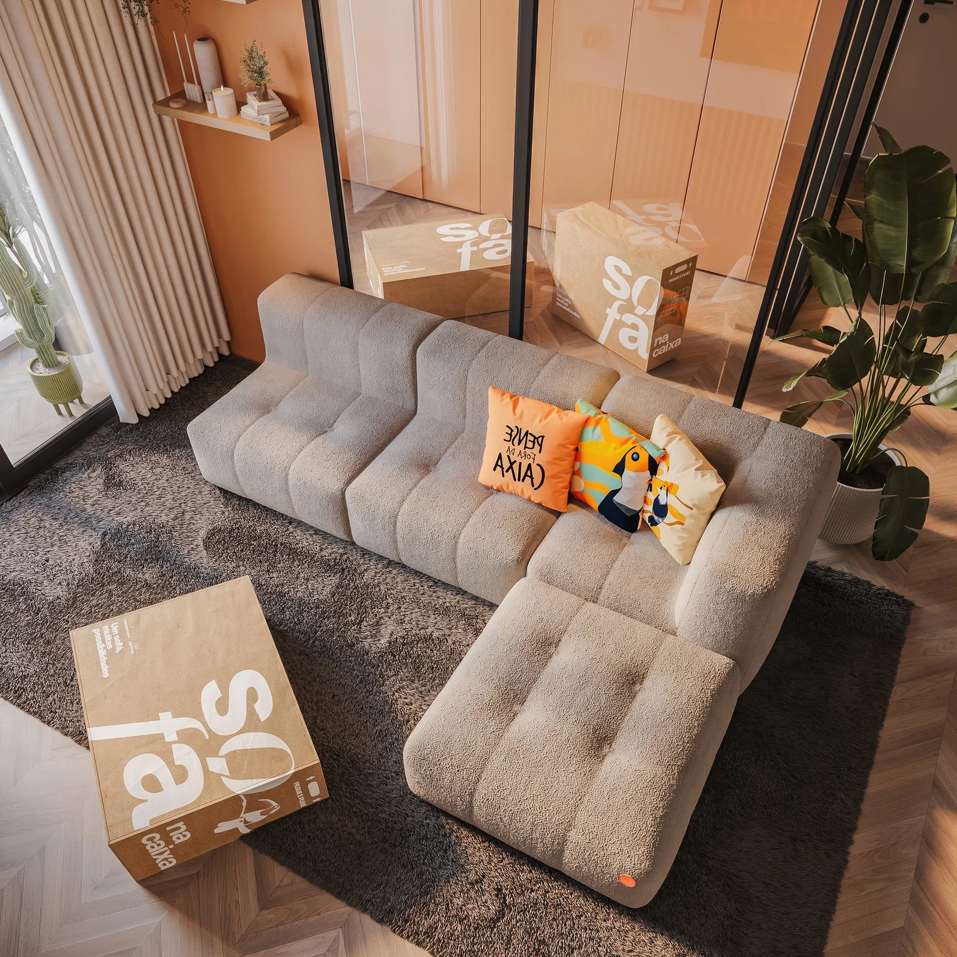 Sofá na Caixa modular 3-lugares em Bouclé 2 braço com Chaise - Linho