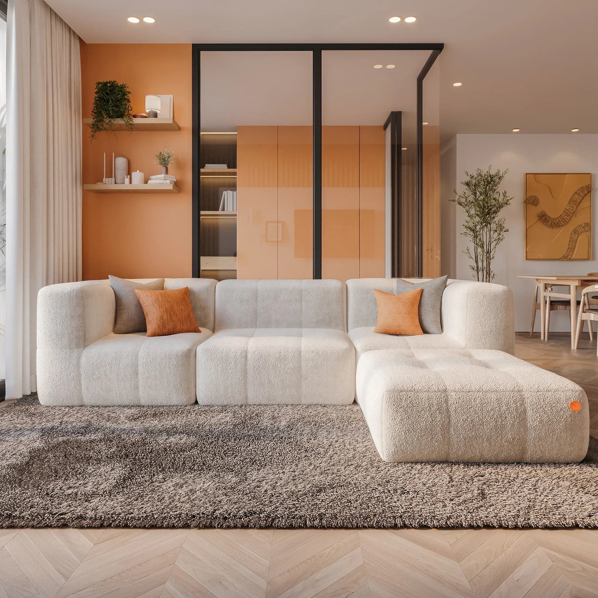 Sofá na Caixa modular 3-lugares em Bouclé 2 braço com Chaise - Linho