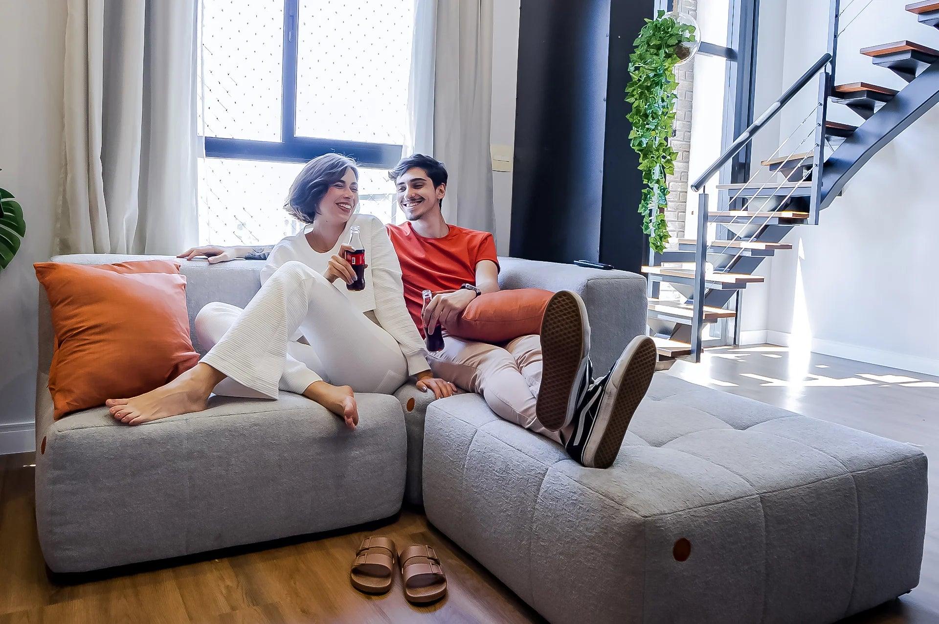 Sofá na Caixa modular 3-lugares em Bouclé 2 braço com Chaise - Cinza